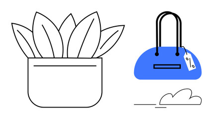 Black outlined potted plant alongside a simple blue handbag with price tag, small cloud in corner. Ideal for shopping, decor, fashion, retail, eco-living, modern design minimalism. Line metaphor