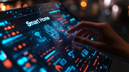 Holographic smart home dashboard shows controls and analytics in the evening