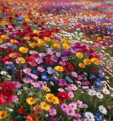 Blooms of colorful flowers in a vibrant field, spring landscape, nature scenery, colorful flowers