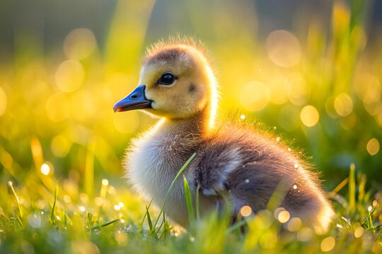Adorable fluffy gosling sitting in dewy grass at sunrise, bathed in golden sunlight.