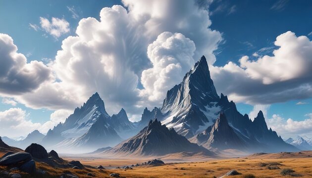 Clouds fill the bright blue sky, their towering peaks and rolling bases creating a dramatic and awe-inspiring sight, puffy clouds, cloud shapes