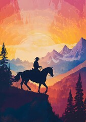Silhouette of a man on horseback against a vibrant sunset and mountain backdrop. A serene and picturesque scene.