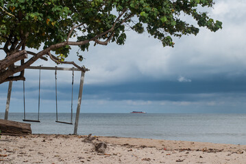 A serene beach with a wooden swing hanging from a tree, overlooking a calm ocean horizon. Perfect setting for relaxation, solitude, and connection with nature.