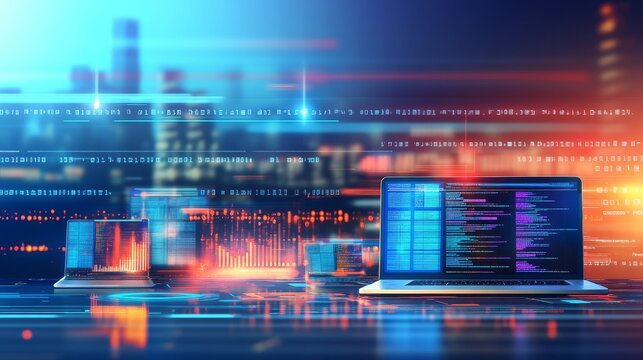 Digital workspace with coding and data visualization.