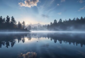 Fototapeta premium Luminous mist rising from the surface of a serene lake against an abstract blue sky, water, serene