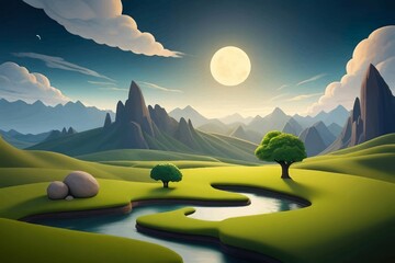 Beautiful and Peaceful Nature Scenery Illustration Landscape Countryside Tranquil Vibrant and Colorful