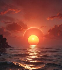 A fiery red sun sinks slowly into the ocean, casting a warm glow on the surrounding landscape, fire, red, sky