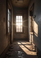 Obraz premium Crepuscular light pours through the grimy sunlit window in an abandoned hallway, warm tones, golden hues, abandoned hallways