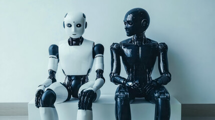 Two humanoid robots sitting and interacting, artificial intelligence concept