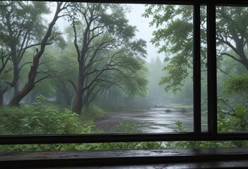 Obraz premium A window with rain and a blurred background of trees and sky , blur, rain