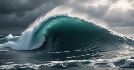 Fototapeta premium A powerful wave rises high above the surface of the ocean during a storm, big wave, wave