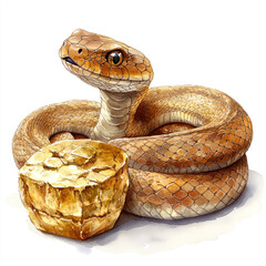 Fototapeta premium smiling snake with textured, golden brown body is curled around rock. illustration captures playful and friendly expression, showcasing snake unique features and vibrant colors.