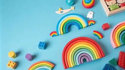 Obraz premium Colorful rainbow toys scattered on a blue background, playful scene, colorful objects, blue surroundings, child's delight