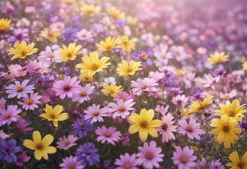 Soft focus abstract floral background with mixed summer flowers in soft pink purple hues and bright yellow petals, colourful flowers, , summer flowers
