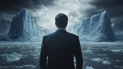 Obraz premium businessman in a suit stands with his back to the camera looking out, exuding confidence, leadership, and determination while symbolizing professionalism and ambition in a corporate setting