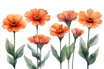 Fototapeta premium A watercolor illustration of vibrant orange flowers with green leaves.
