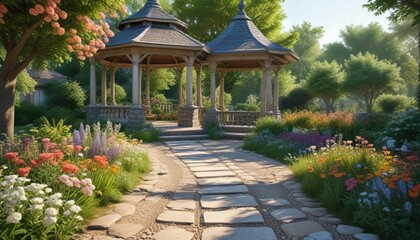 A gravel and stone pathway leading to a secluded gazebo in a beautiful garden filled with flowers and trees, gravel path, flower-lined paths