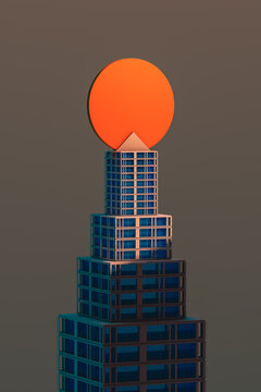 Stunning sunlit skyscraper with orange rooftop detail at sunset