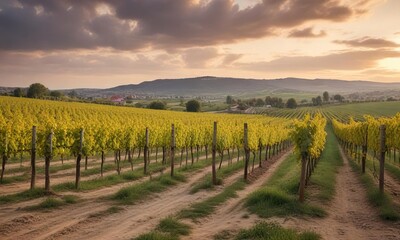 Fototapeta premium Soft focus image of a vineyard near Vienna at sunrise with overcast clouds and warm tones, vineyard, sunrise