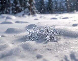 Fototapeta premium Snowflakes gently falling on a blanket of fresh snow, gentle flakes, peaceful landscape, frosty morning