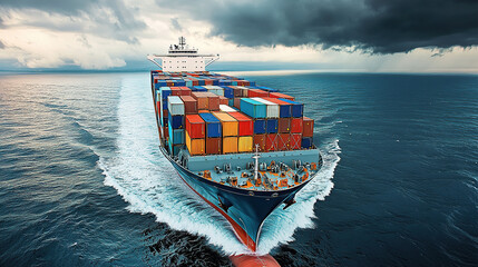 Fototapeta premium A large container ship sailing on the sea, carrying many colorful containers on its deck and one container with a blue,