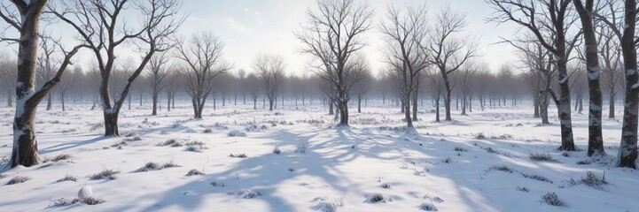 The snowy field is dotted with clusters of bare tree branches and snow-covered trunks as far as the eye can see , barren branchscape, wintry forest, treeless expanse
