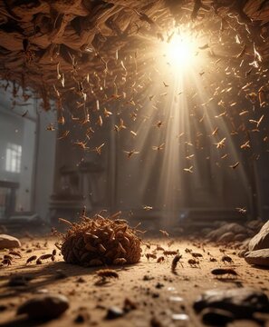 Swarm of flying termites surround a bright light, termite cloud, glowing insects , surrounding light