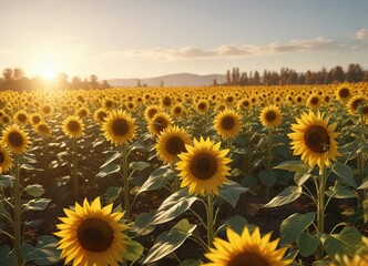 The soft light of the autumn sun casts a warm glow on a field of sunflowers, illuminating their delicate petals , seasonal change, sunflower field, soft focus, outdoor scenes
