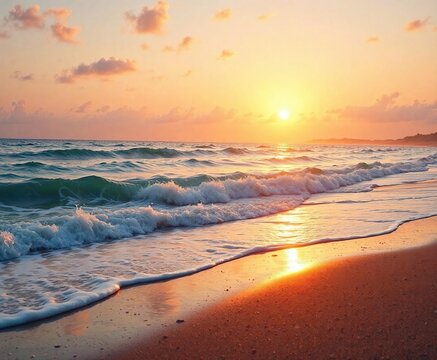 A peaceful beach at sunset with waves gently lapping against the shore, sunset, serenity, background