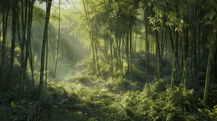 Obraz premium Hyperrealistic depiction of a serene bamboo forest with rays of sunlight filtering through the leaves 