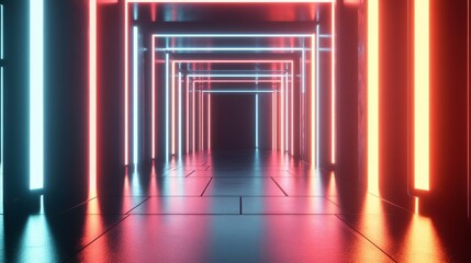 Futuristic neon corridor with glowing lights.