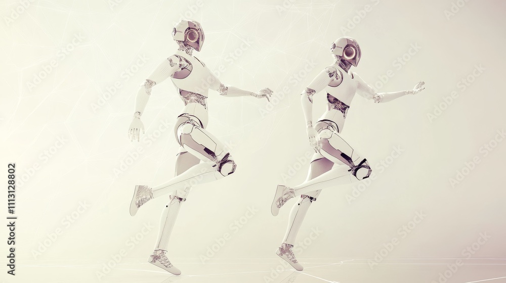 Poster futuristic robots engaging in dynamic motion.