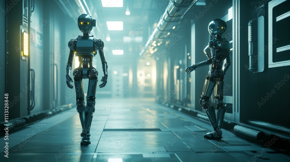 Poster futuristic robots walking in a high-tech corridor.