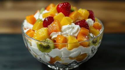 Another view of tropical fruit salad with yogurt in a glass bowl.