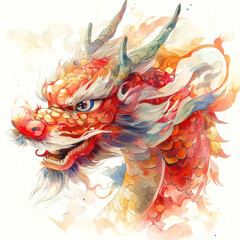 vibrant dragon with intricate scales and fierce expression, showcasing blend of red and orange hues. artwork captures essence of strength and cultural significance.