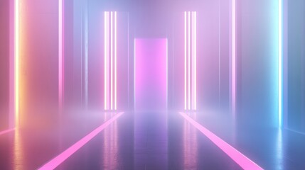 Futuristic space with glowing lights and fog.