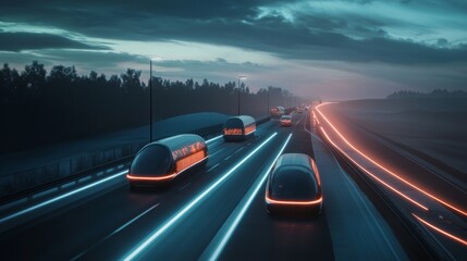 Obraz premium Futuristic vehicles on a highway at dusk.