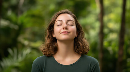 serene woman meditating in lush green environment, embodying tranquility and confidence. Her eyes are closed, and she radiates calmness amidst nature