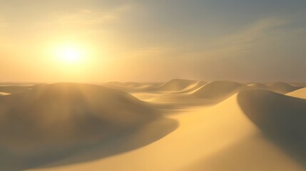Golden desert dunes under a radiant sunset sky.