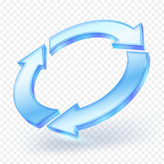 3D glass circular arrow symbol isolated on white background. Realistic vector illustration.