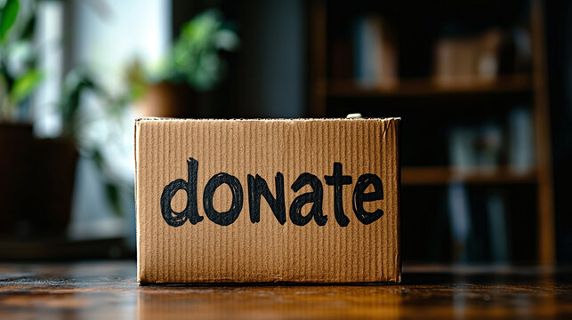 box with the word DONATE on it symbolizing charity and giving, empty with a blank space for a personal message or caption, representing the power of generosity and community support