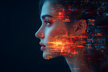 head with binary code background