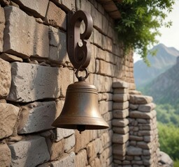Fototapeta premium A bronze bell with a patina hangs from a stone wall with a serene landscape behind it, nature, outdoor, scenery