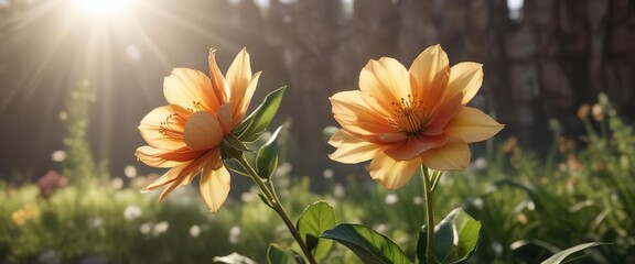 Fototapeta premium Morning sun casts gentle warmth on a single bloom, landscape, soft focus, foliage