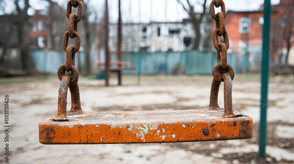 Poster horror, a rusty swing hangs in an abandoned playground, evoking nostalgia and the passage of time in