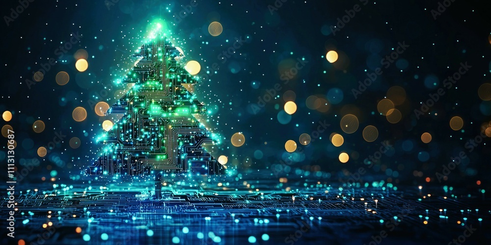 Poster digital art representation of a sparkling christmas tree illuminated with vibrant green and blue lig