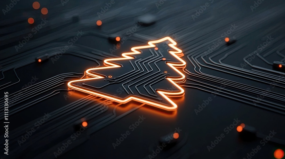 Poster glowing christmas tree design with circuit board patterns in soft orange and dark tones representing