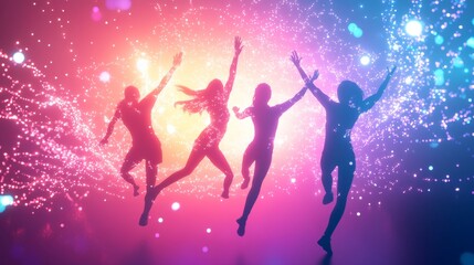 Joyful silhouettes dancing in vibrant colors.