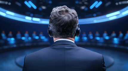 Inspirational leader addressing virtual audience with confidence and focus. setting features modern, high tech environment, enhancing atmosphere of engagement and communication