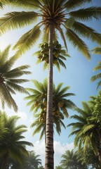 Tall coconut tree with multiple coconuts hanging from its branches, greenery, tropical